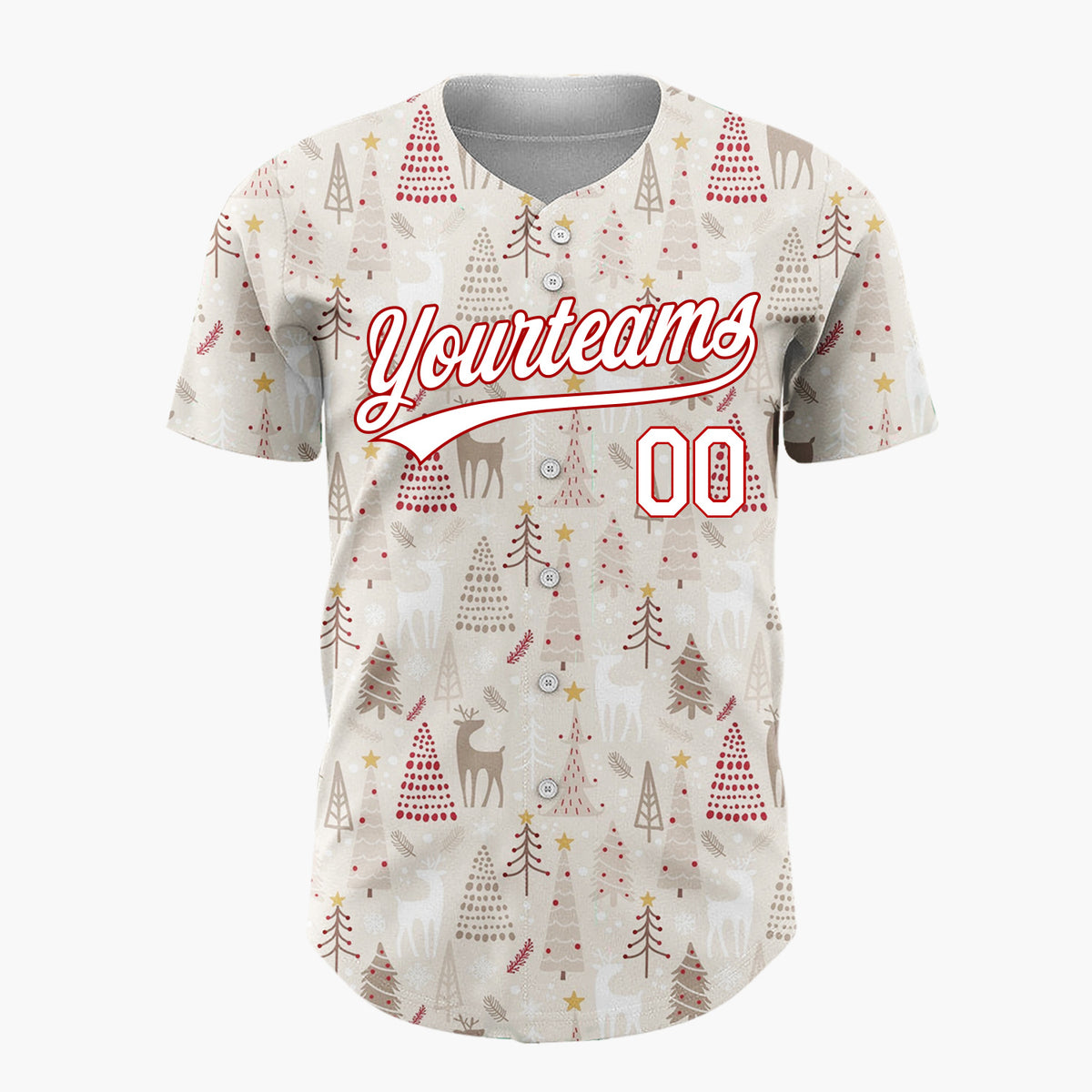 Custom Beige Christmas Trees Reindeer Cartoon Pattern Christmas Baseball Jersey