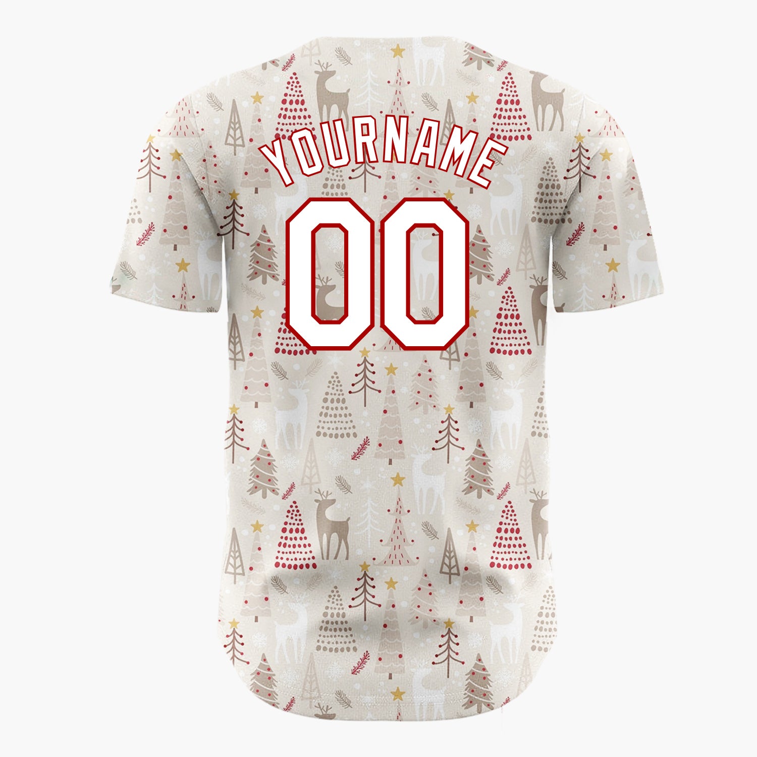 Custom Beige Christmas Trees Reindeer Cartoon Pattern Christmas Baseball Jersey