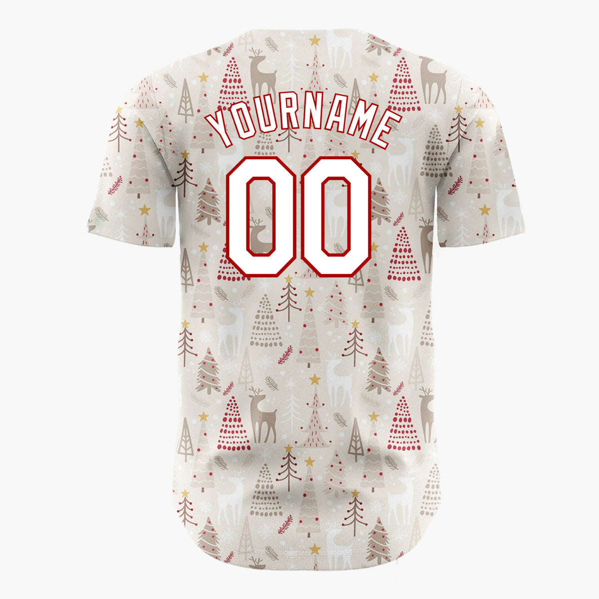 Custom Beige Christmas Trees Reindeer Cartoon Pattern Christmas Baseball Jersey