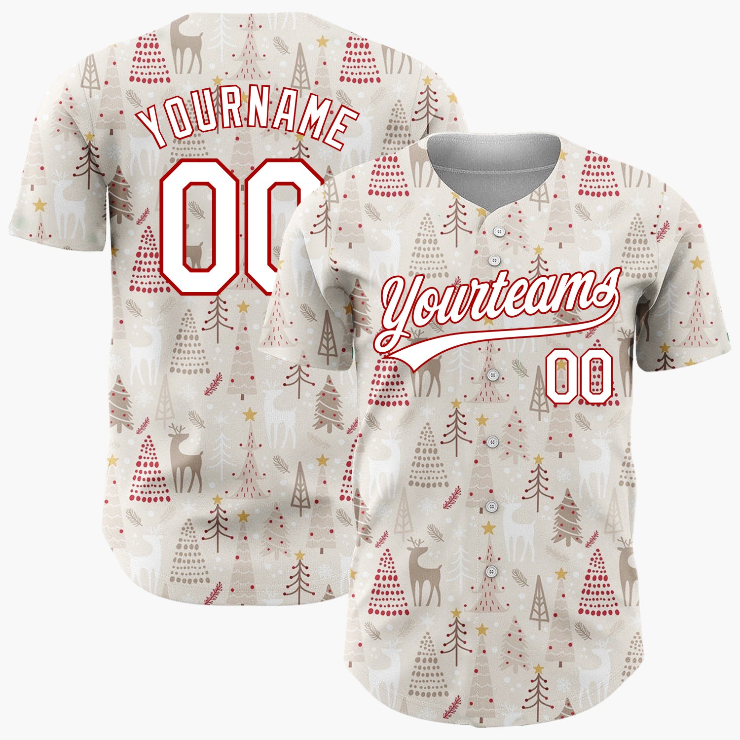 Custom Beige Christmas Trees Reindeer Cartoon Pattern Christmas Baseball Jersey