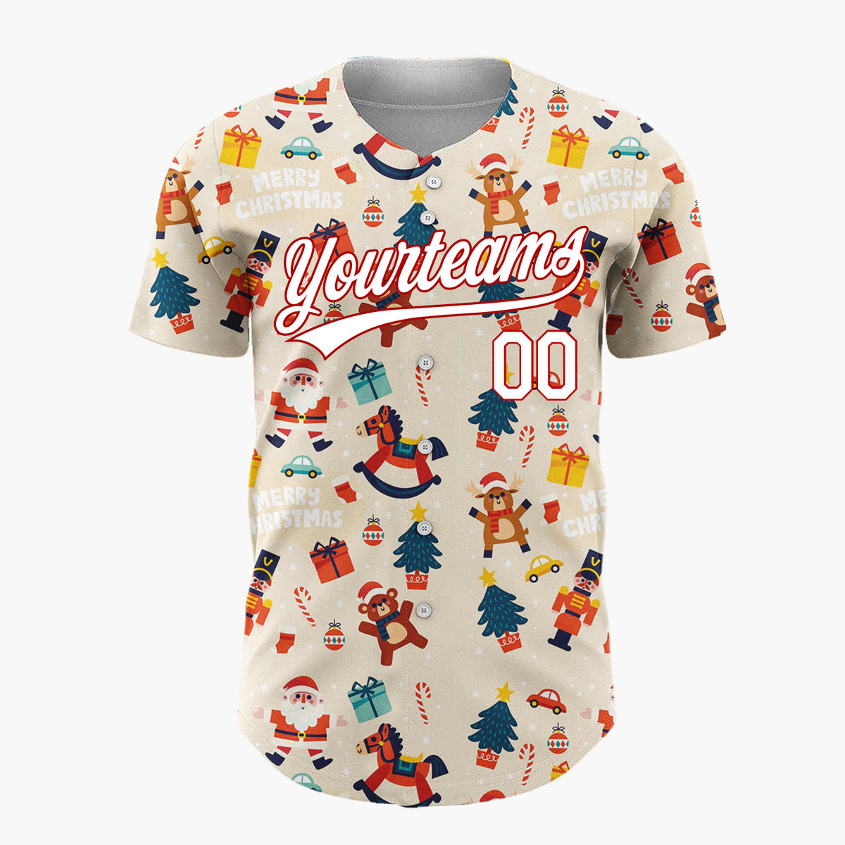 Custom Beige Red Santa Trees And Toys Merry Christmas Baseball Jersey