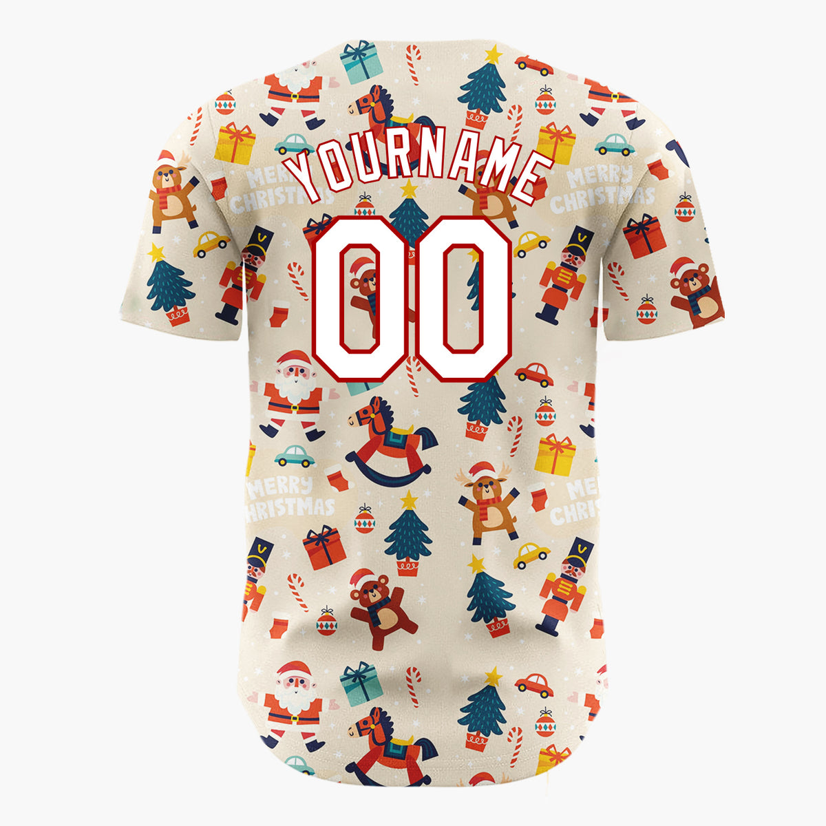 Custom Beige Red Santa Trees And Toys Merry Christmas Baseball Jersey