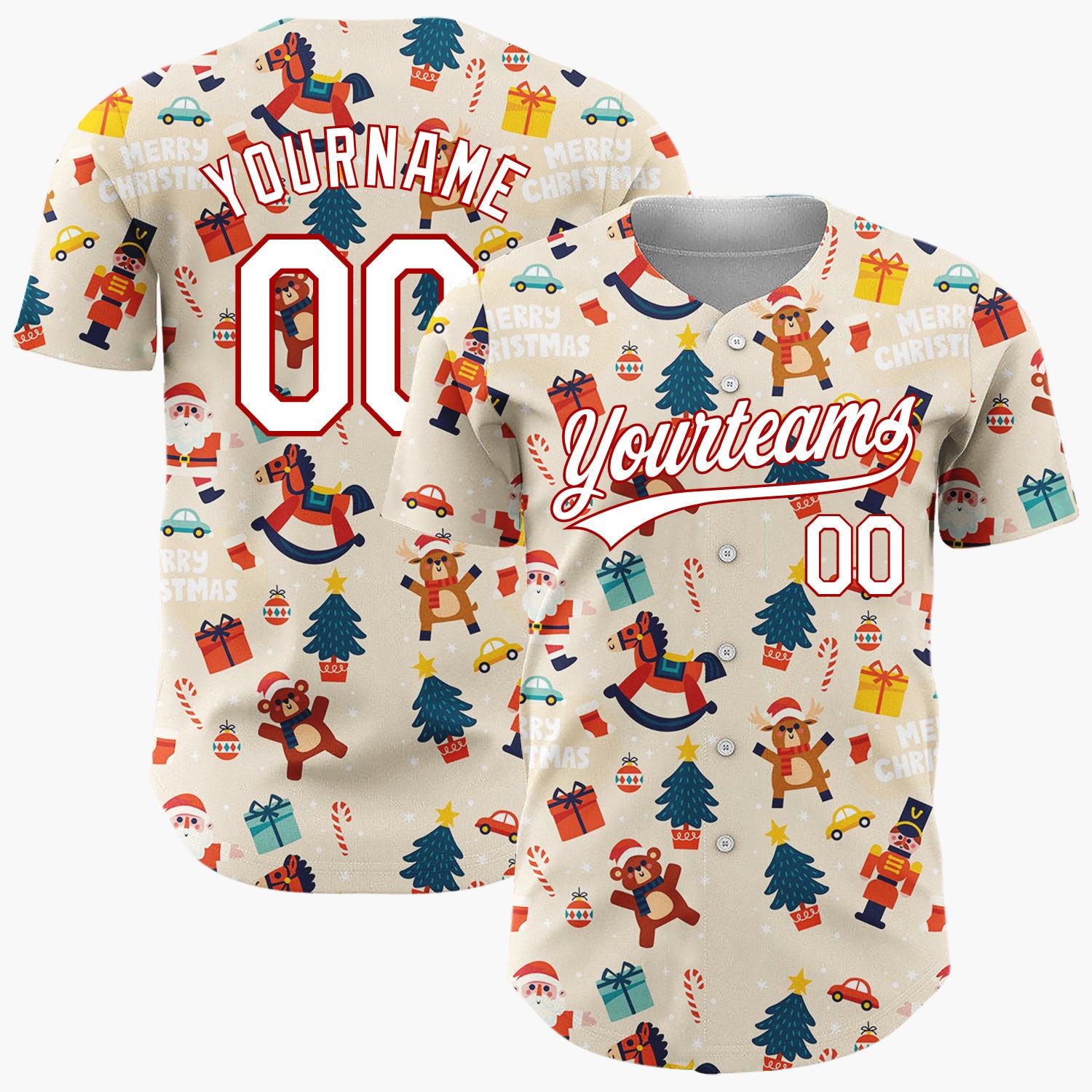 Custom Beige Red Santa Trees And Toys Merry Christmas Baseball Jersey