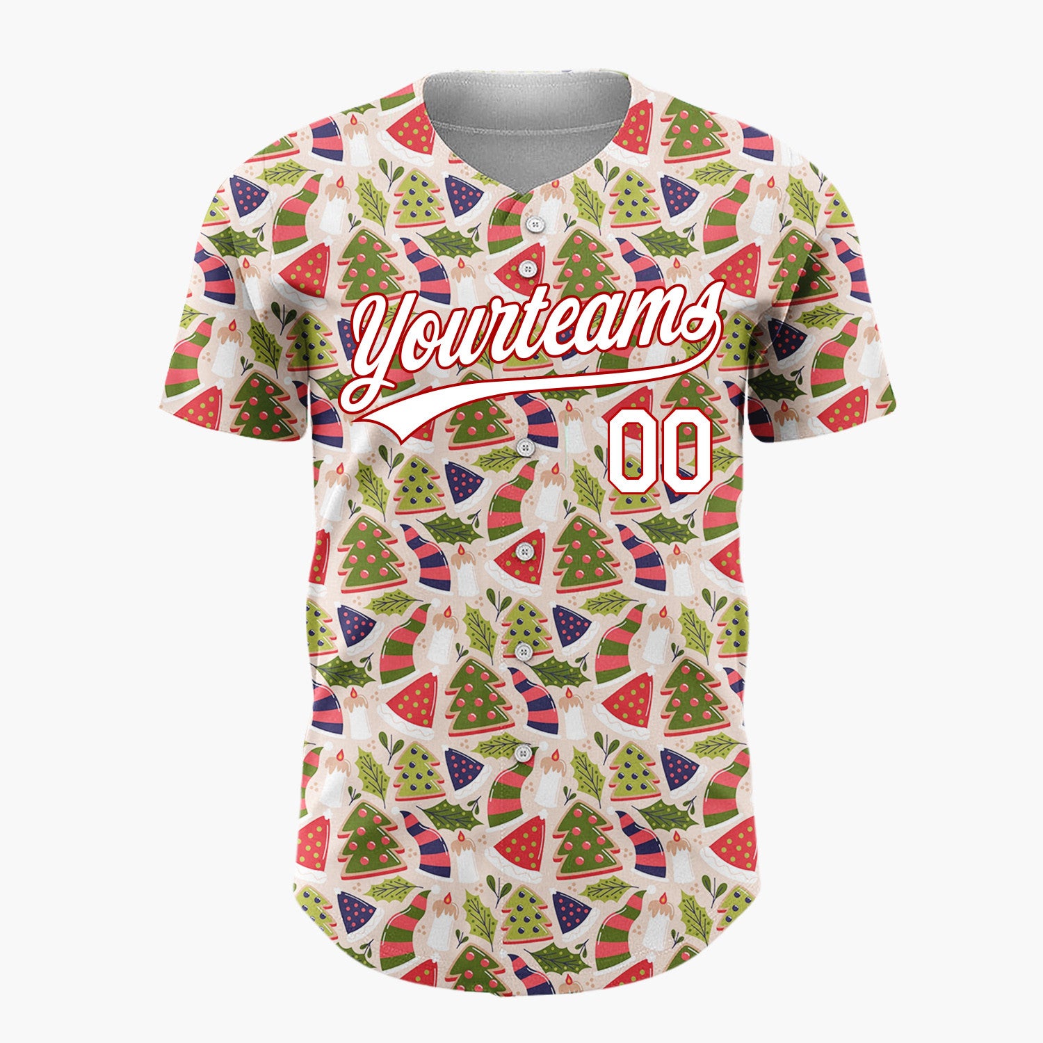 Custom Beige Red Green Trees Hats And Candles Geometric Holiday Pattern Christmas Baseball Jersey