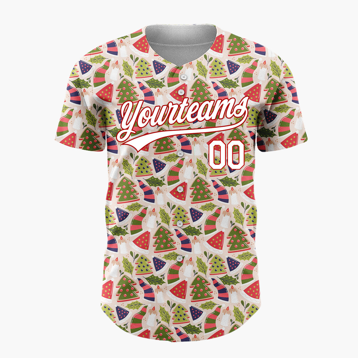 Custom Beige Red Green Trees Hats And Candles Geometric Holiday Pattern Christmas Baseball Jersey