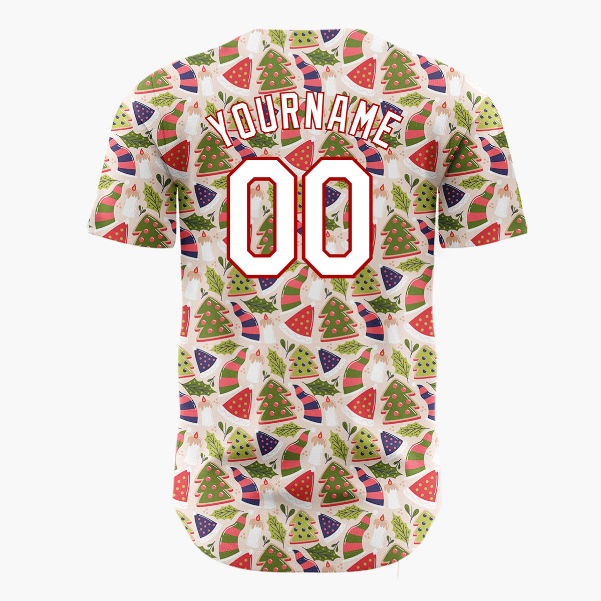 Custom Beige Red Green Trees Hats And Candles Geometric Holiday Pattern Christmas Baseball Jersey
