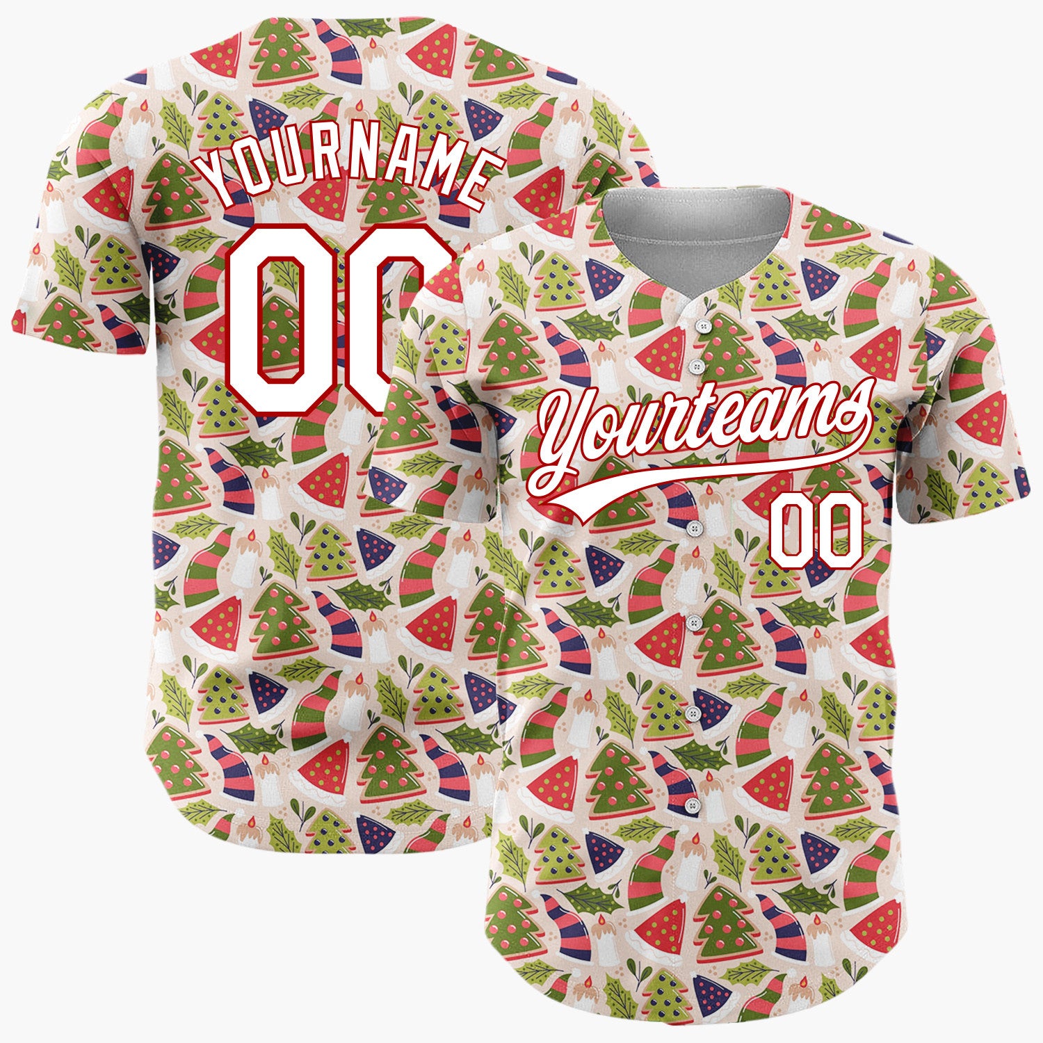 Custom Beige Red Green Trees Hats And Candles Geometric Holiday Pattern Christmas Baseball Jersey