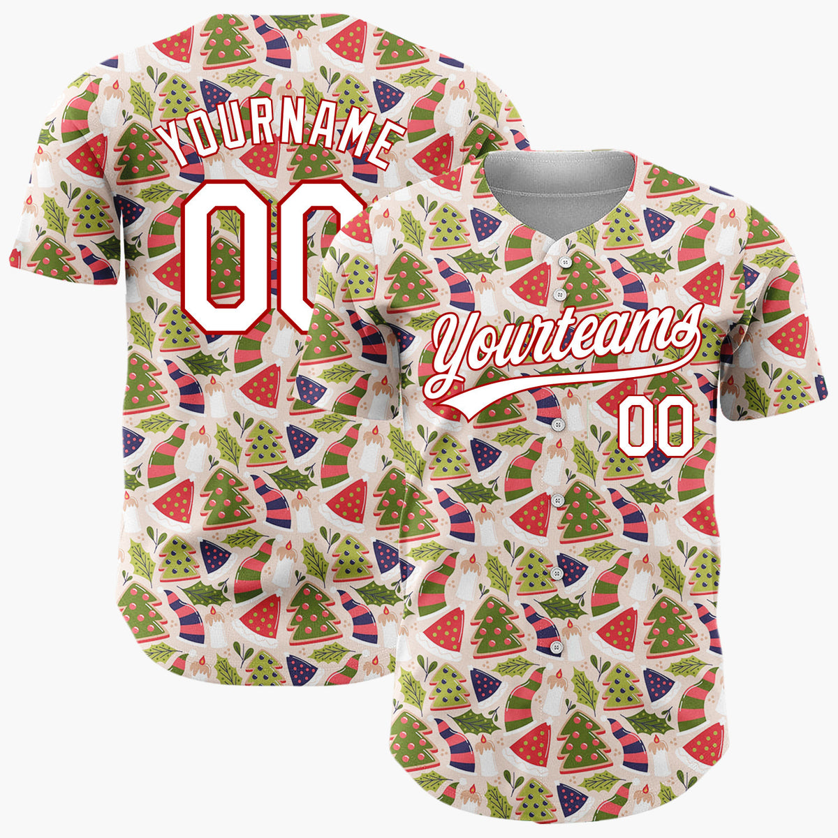 Custom Beige Red Green Trees Hats And Candles Geometric Holiday Pattern Christmas Baseball Jersey