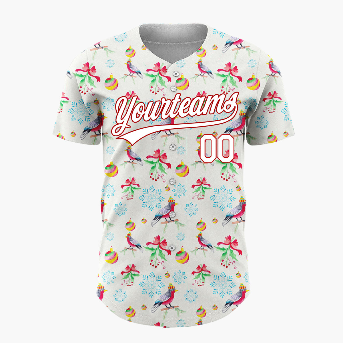 Custom Beige Birds  Snowflakes Watercolor Winter Pattern Christmas Baseball Jersey