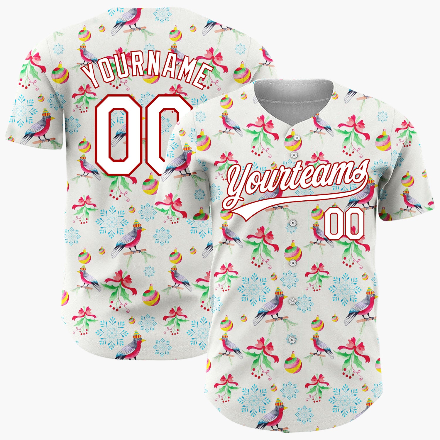 Custom Beige Birds  Snowflakes Watercolor Winter Pattern Christmas Baseball Jersey