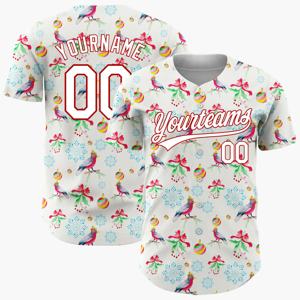 Custom Beige Birds  Snowflakes Watercolor Winter Pattern Christmas Baseball Jersey