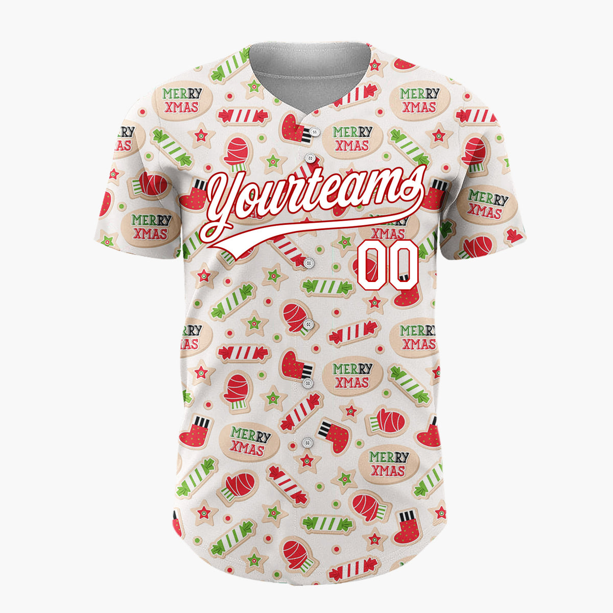 Custom Beige Red Green Mittens Candy Canes And Socks Merry Xmas Pattern Christmas Baseball Jersey
