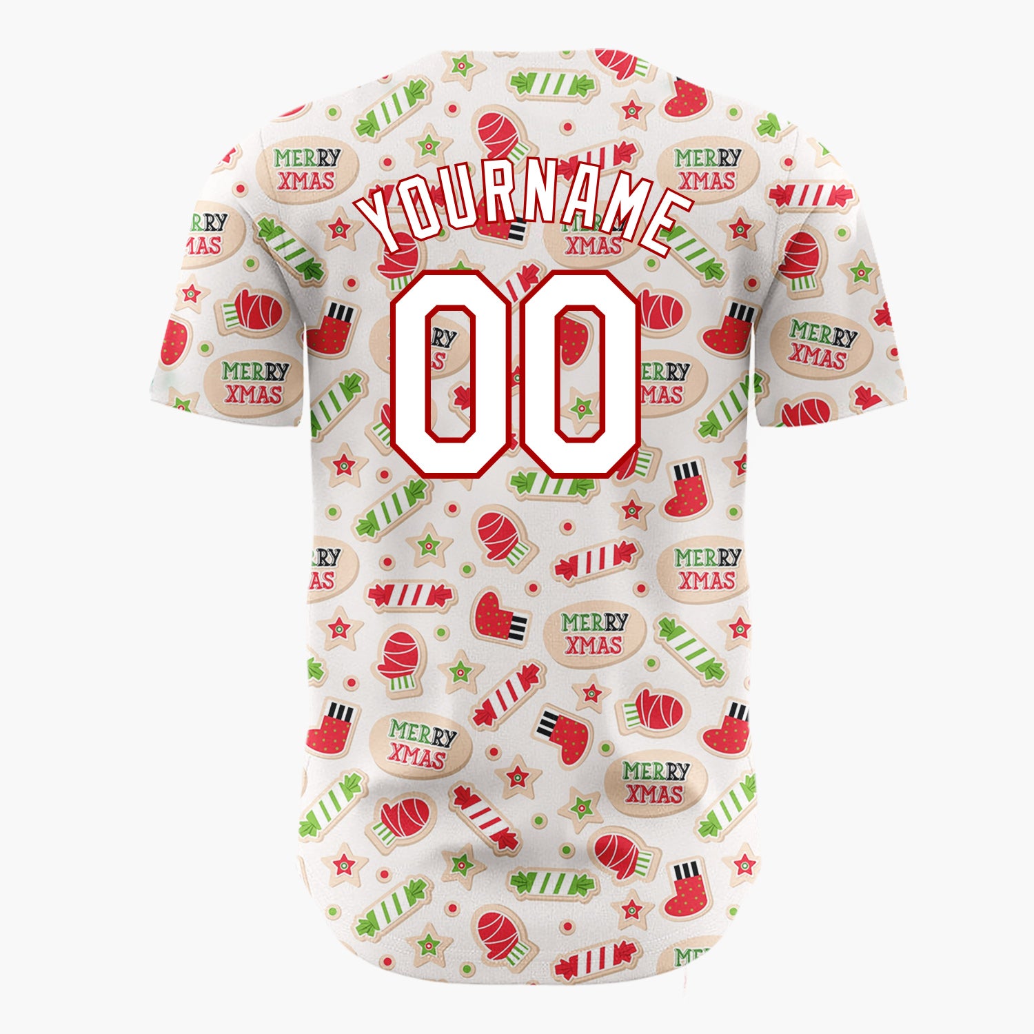 Custom Beige Red Green Mittens Candy Canes And Socks Merry Xmas Pattern Christmas Baseball Jersey