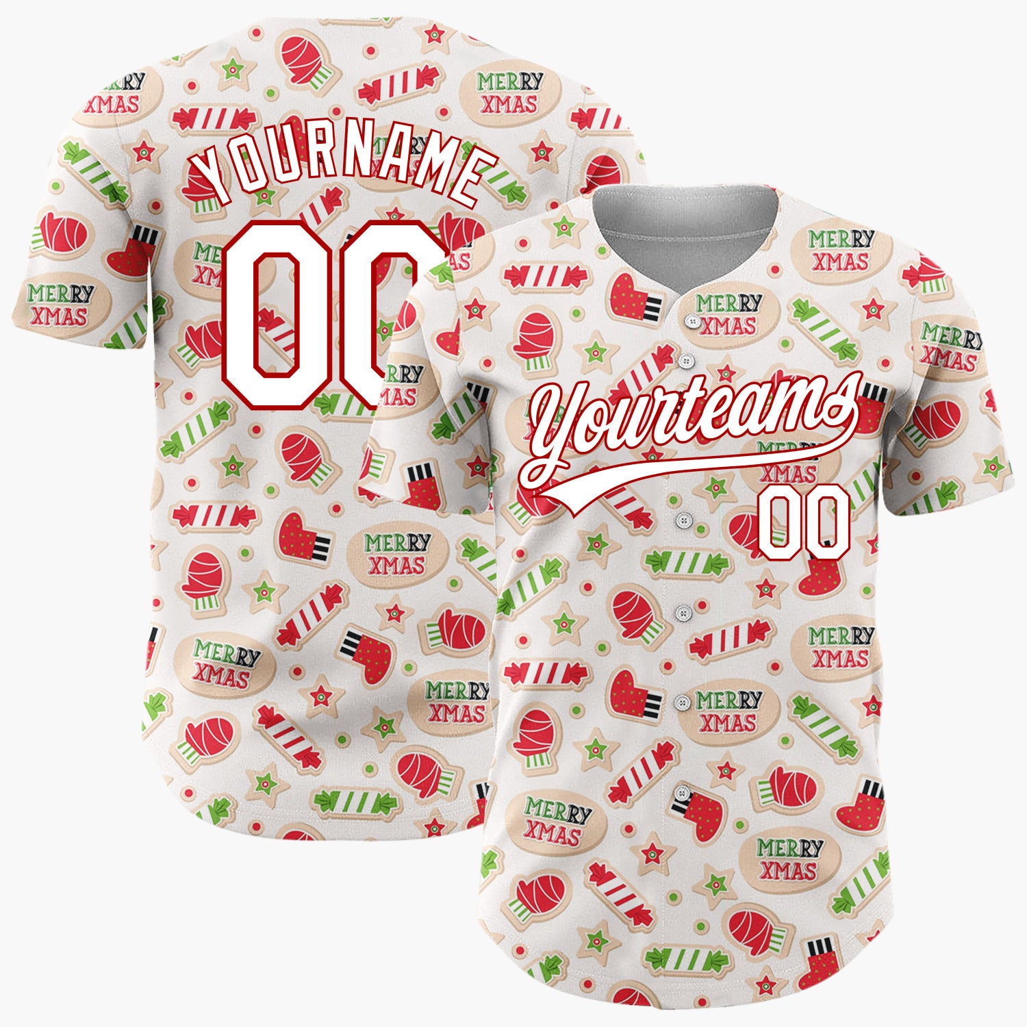 Custom Beige Red Green Mittens Candy Canes And Socks Merry Xmas Pattern Christmas Baseball Jersey