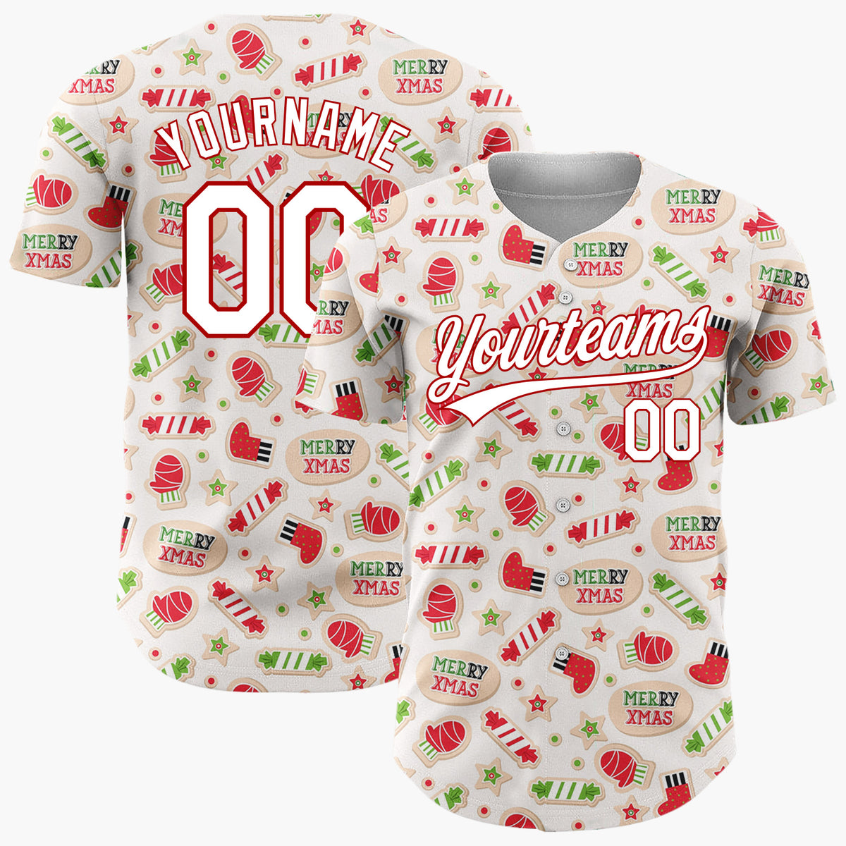 Custom Beige Red Green Mittens Candy Canes And Socks Merry Xmas Pattern Christmas Baseball Jersey