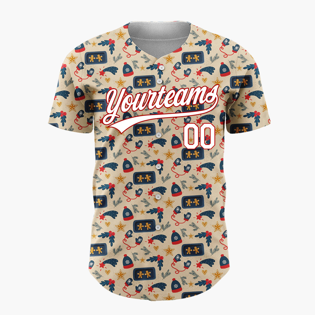 Custom Beige Christmas Gingerman Cozy Cartoon Pattern Christmas Baseball Jersey