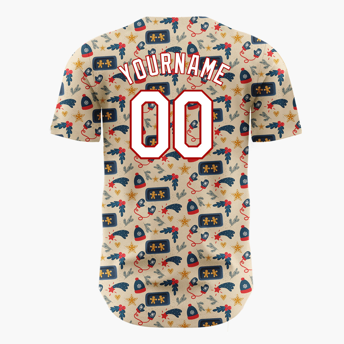 Custom Beige Christmas Gingerman Cozy Cartoon Pattern Christmas Baseball Jersey
