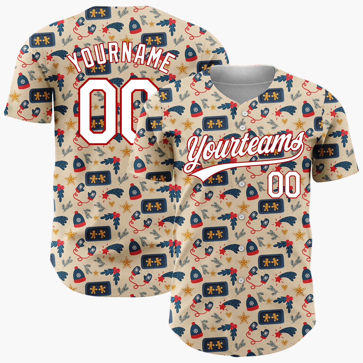 Custom Beige Christmas Gingerman Cozy Cartoon Pattern Christmas Baseball Jersey