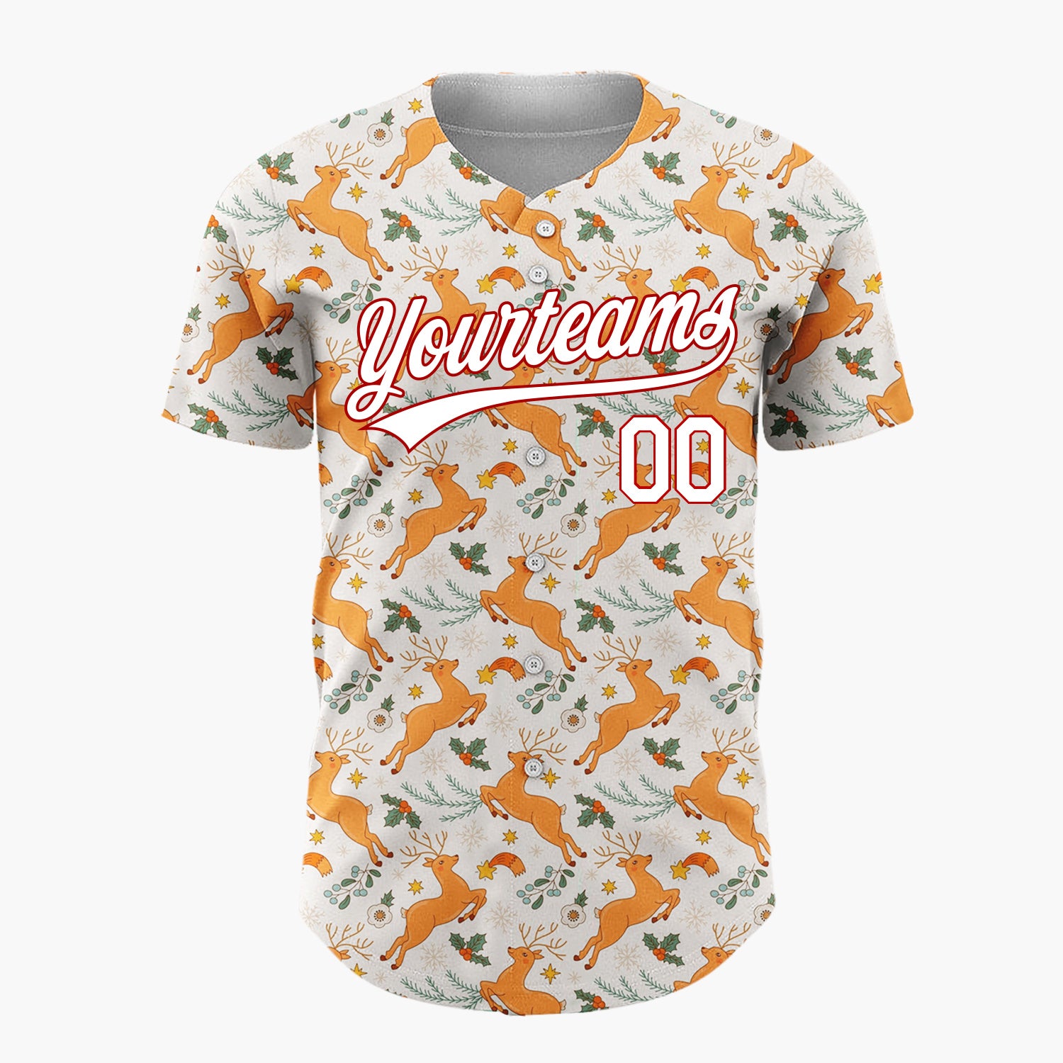 Custom Beige Orange Reindeer Holly And Snowflakes Christmas Botanical Pattern Christmas Baseball Jersey
