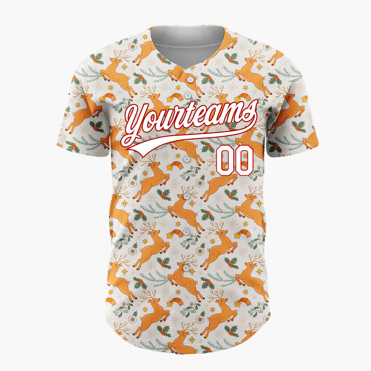 Custom Beige Orange Reindeer Holly And Snowflakes Christmas Botanical Pattern Christmas Baseball Jersey