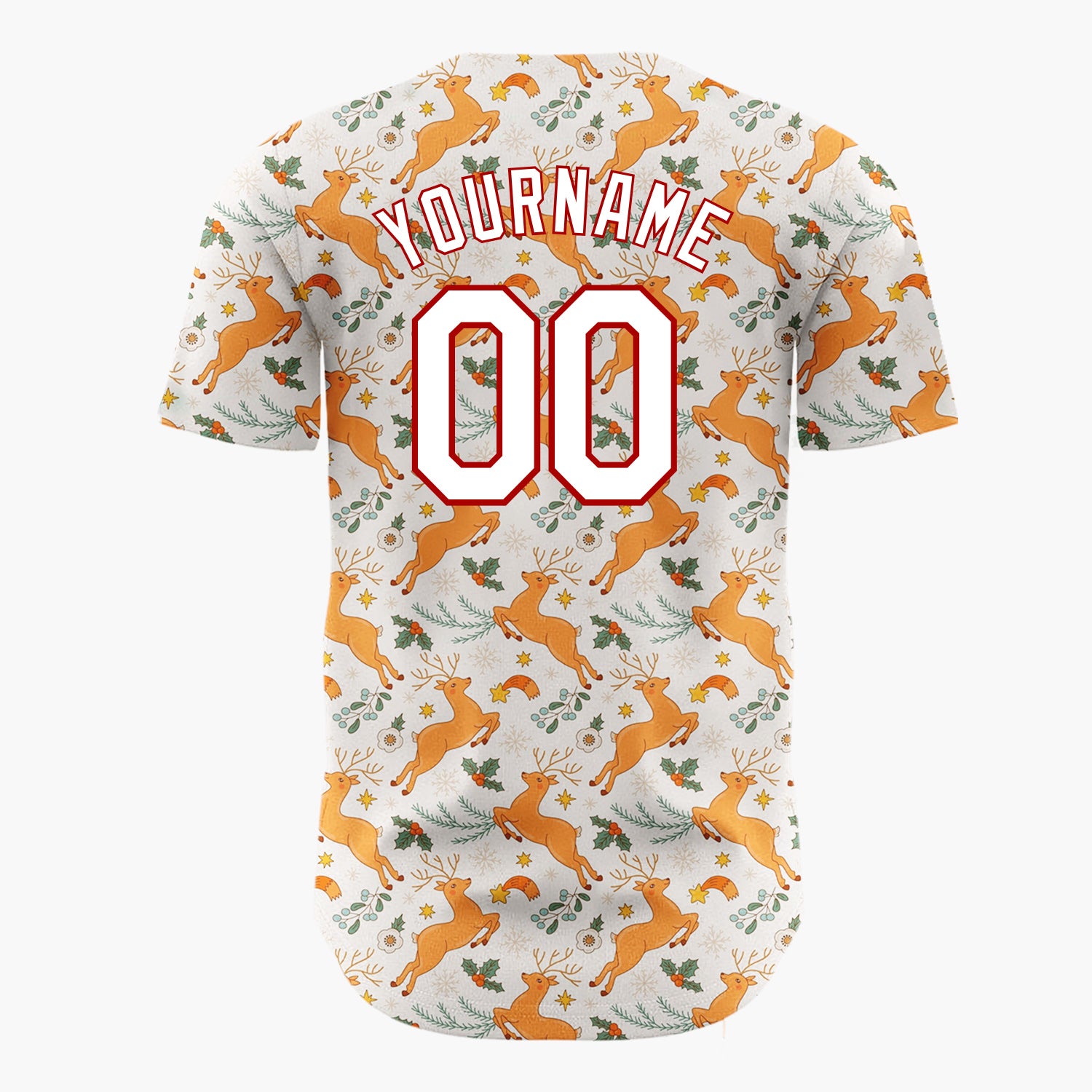 Custom Beige Orange Reindeer Holly And Snowflakes Christmas Botanical Pattern Christmas Baseball Jersey