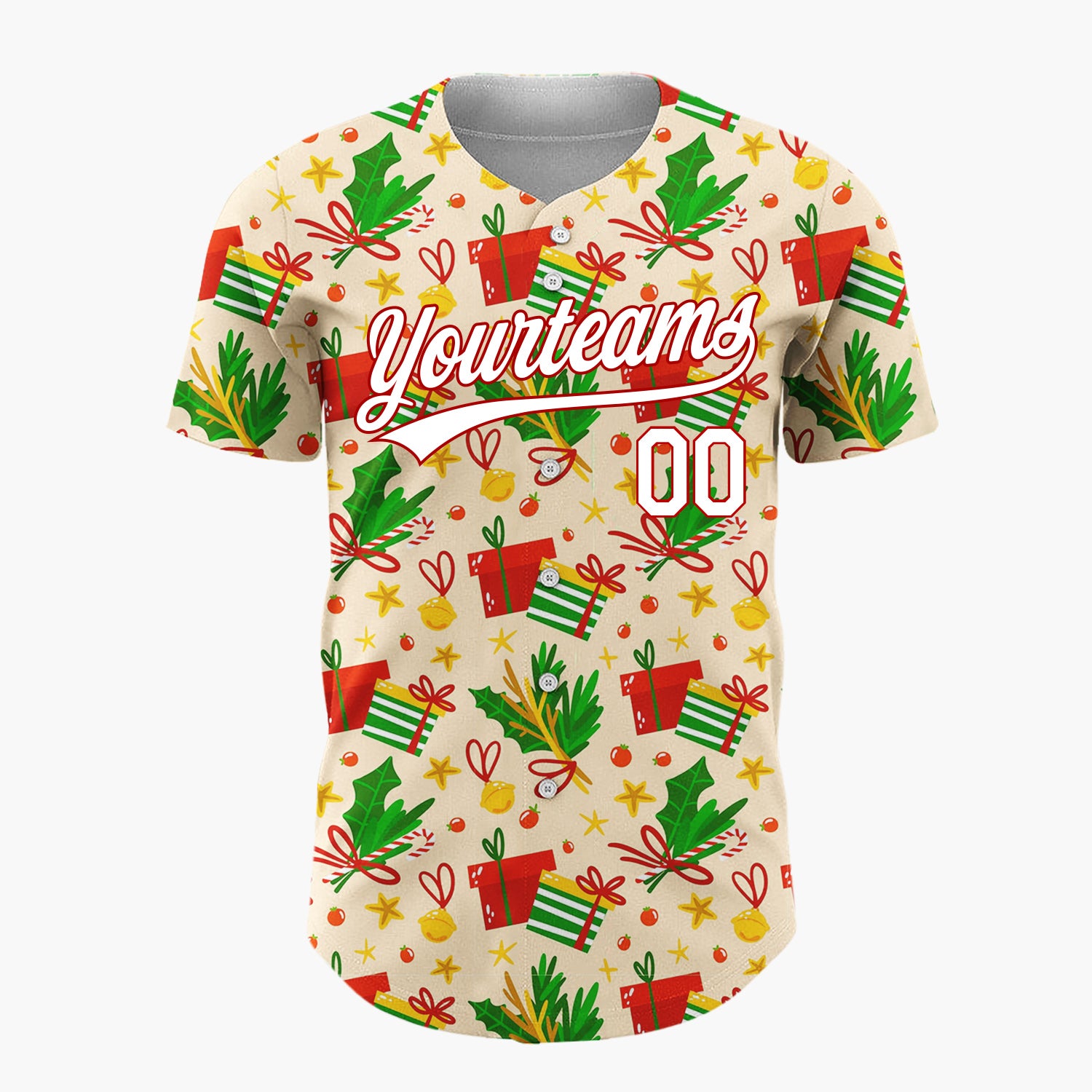 Custom Beige Red Green Gifts Holly And Bells Christmas Doodle Pattern Christmas Baseball Jersey