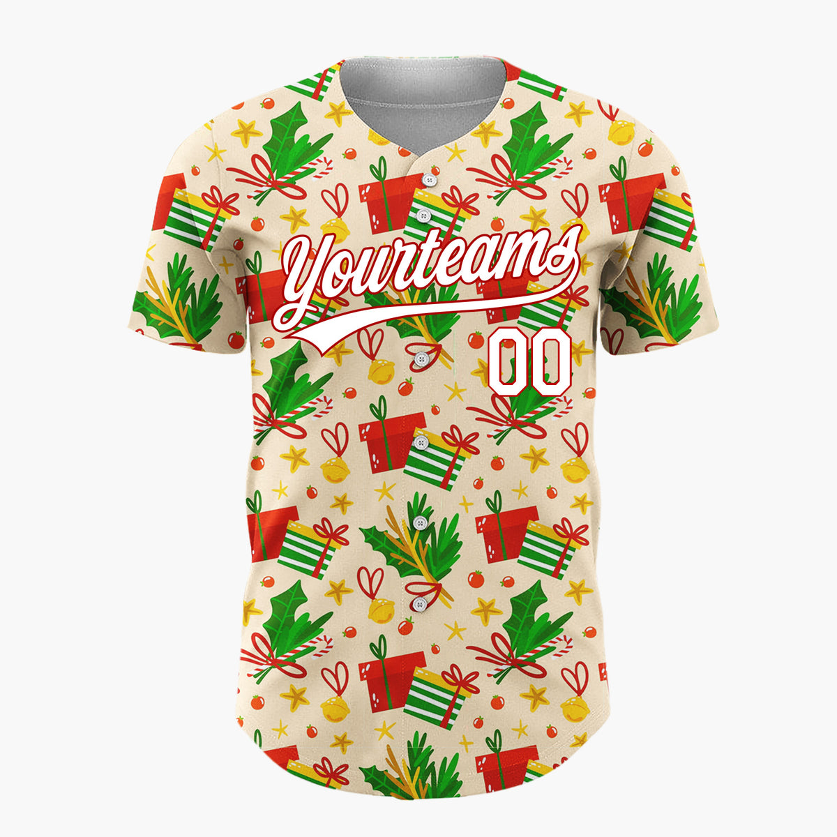 Custom Beige Red Green Gifts Holly And Bells Christmas Doodle Pattern Christmas Baseball Jersey