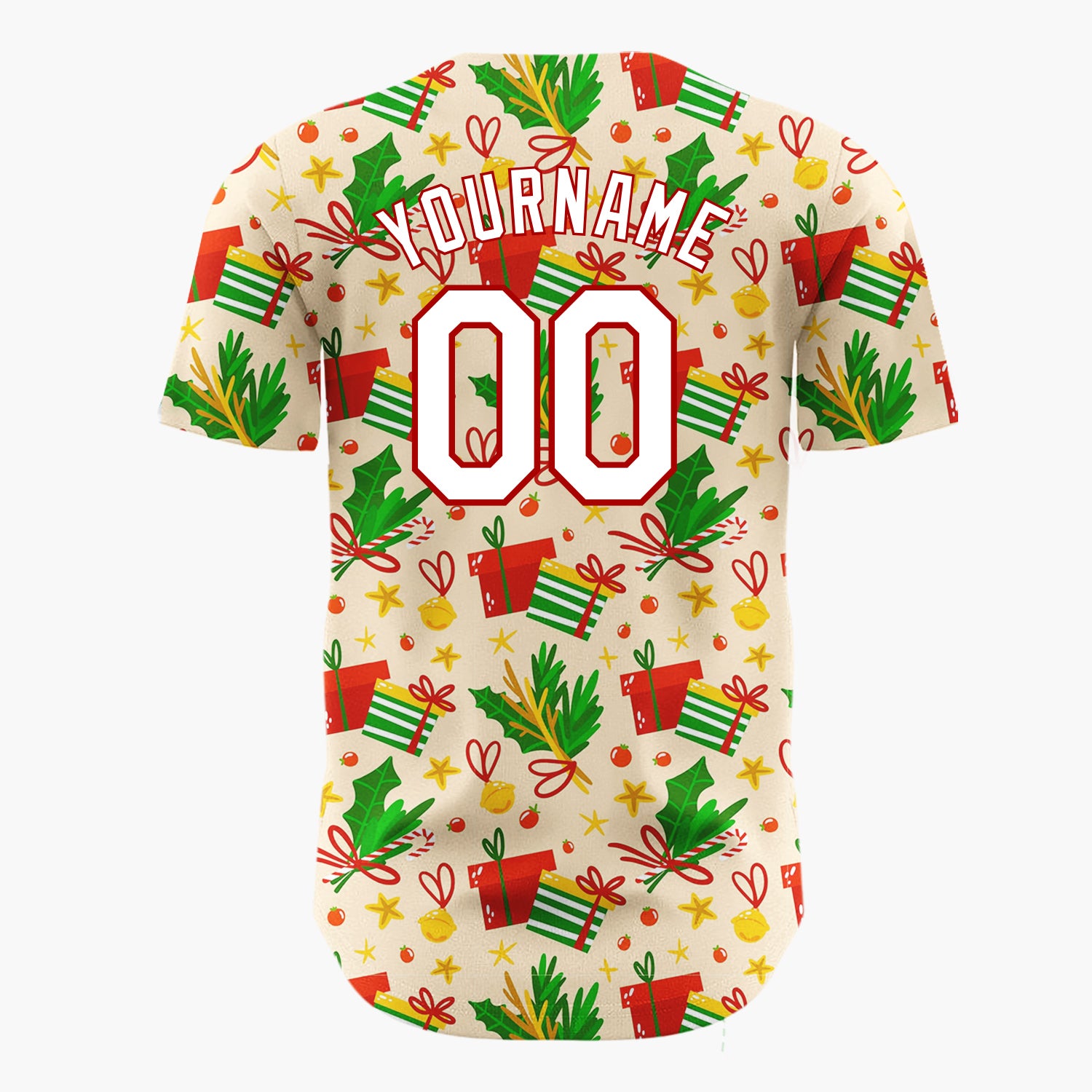 Custom Beige Red Green Gifts Holly And Bells Christmas Doodle Pattern Christmas Baseball Jersey