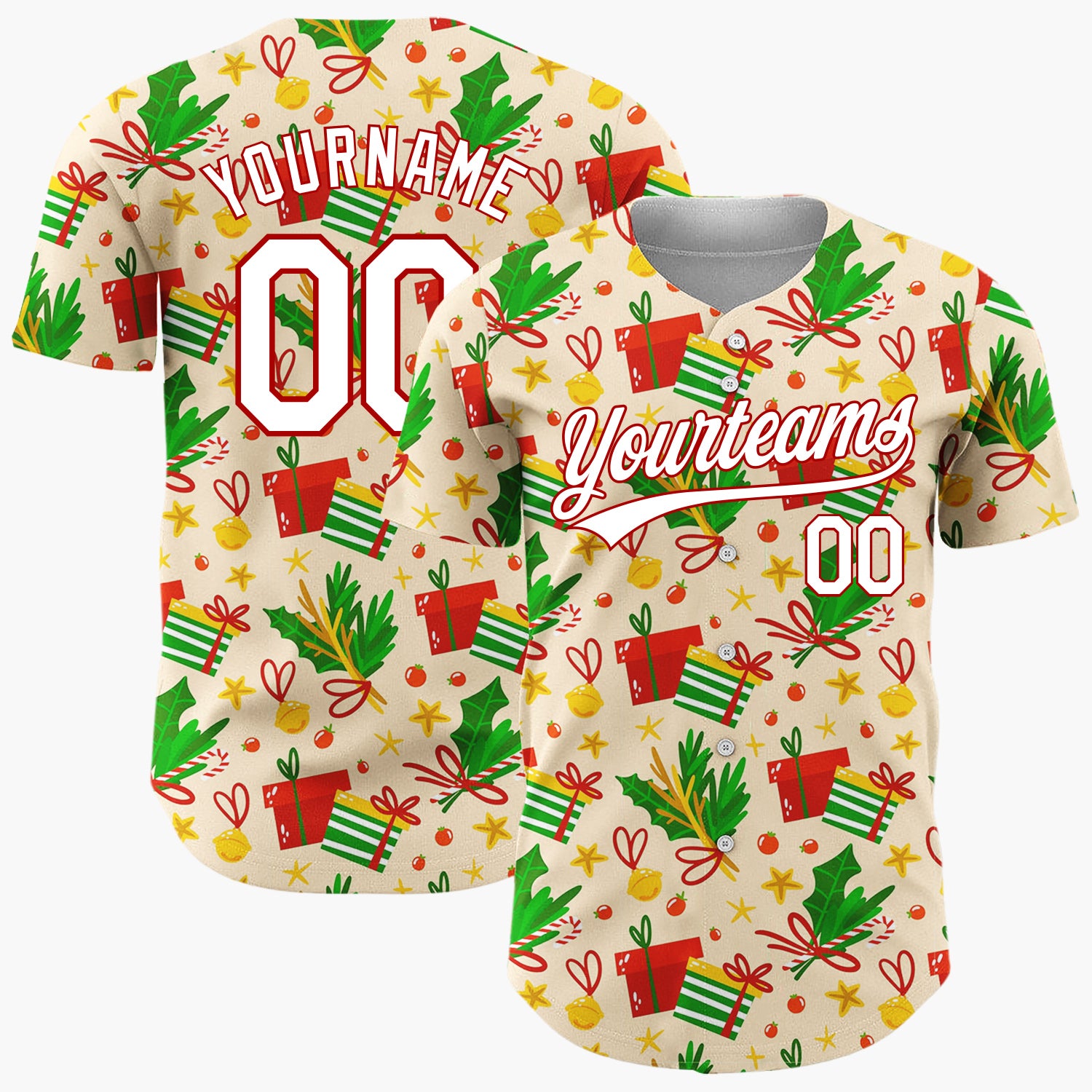 Custom Beige Red Green Gifts Holly And Bells Christmas Doodle Pattern Christmas Baseball Jersey