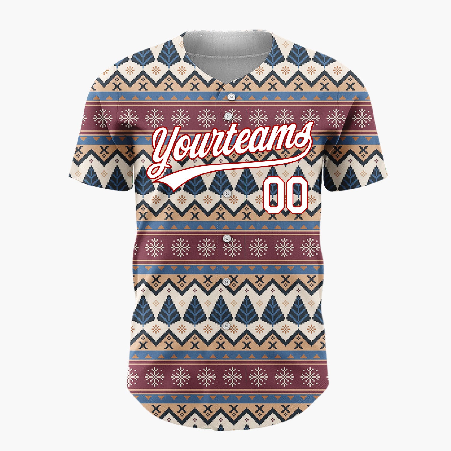 Custom Beige Burgundy Trees Snowflakes And Zigzag Nordic Knitted Pattern Christmas Baseball Jersey