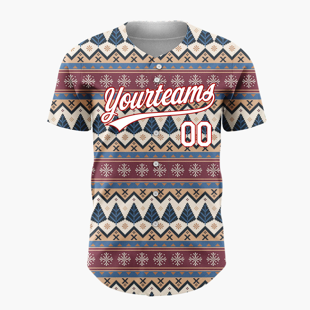 Custom Beige Burgundy Trees Snowflakes And Zigzag Nordic Knitted Pattern Christmas Baseball Jersey