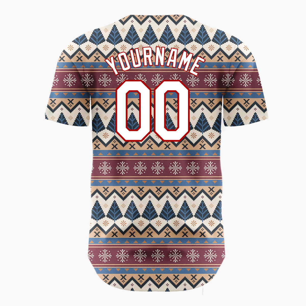 Custom Beige Burgundy Trees Snowflakes And Zigzag Nordic Knitted Pattern Christmas Baseball Jersey