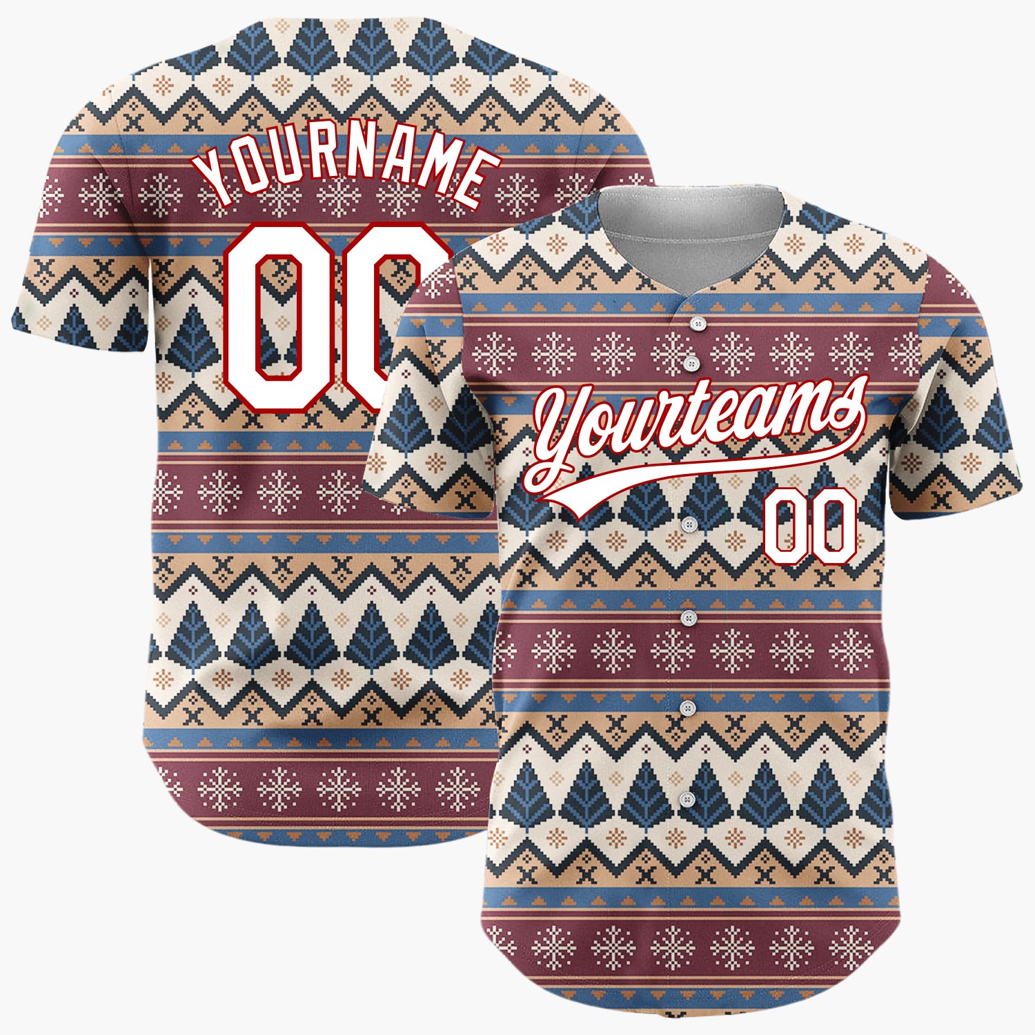 Custom Beige Burgundy Trees Snowflakes And Zigzag Nordic Knitted Pattern Christmas Baseball Jersey