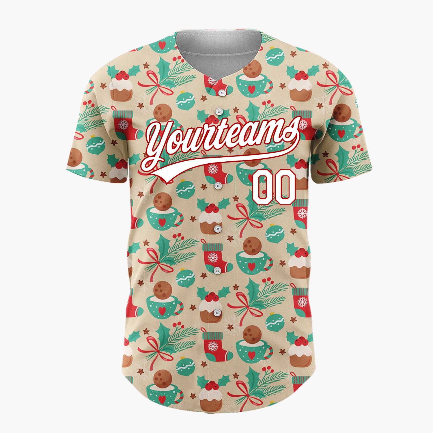 Custom Beige Christmas Pudding Holly And Stockings Festive Holiday Pattern Christmas Baseball Jersey