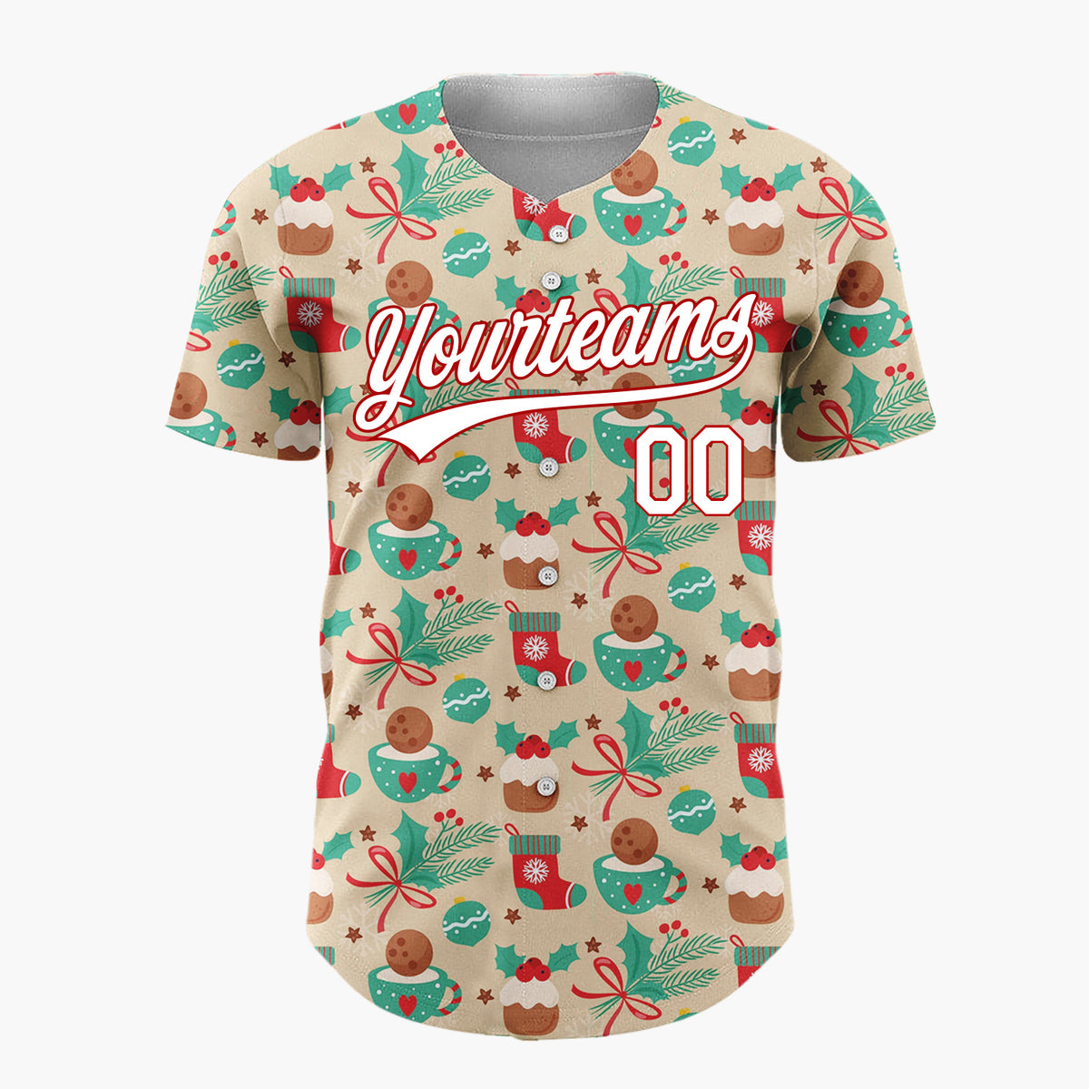 Custom Beige Christmas Pudding Holly And Stockings Festive Holiday Pattern Christmas Baseball Jersey