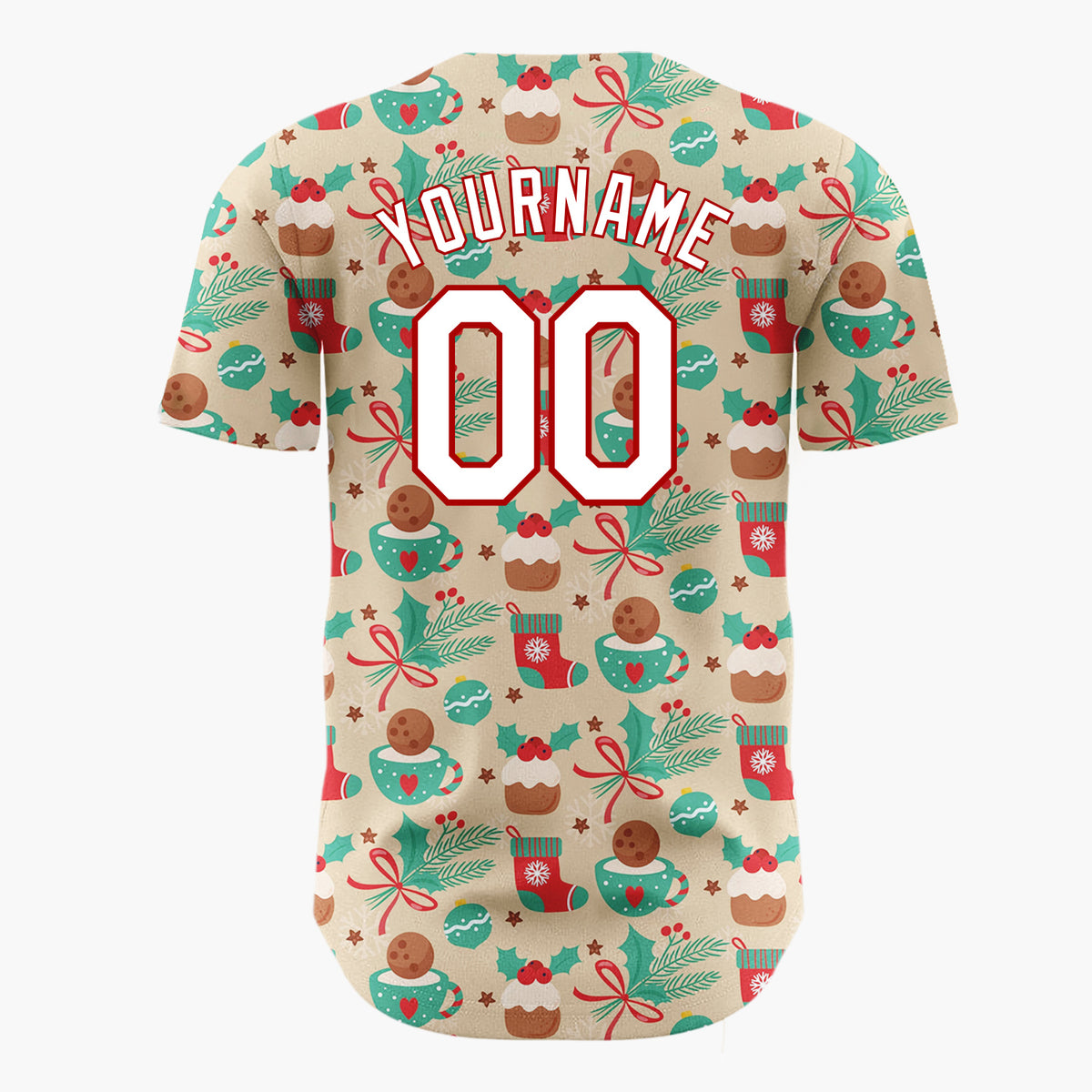 Custom Beige Christmas Pudding Holly And Stockings Festive Holiday Pattern Christmas Baseball Jersey