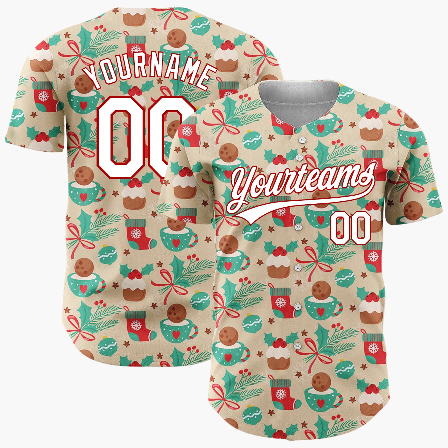 Custom Beige Christmas Pudding Holly And Stockings Festive Holiday Pattern Christmas Baseball Jersey