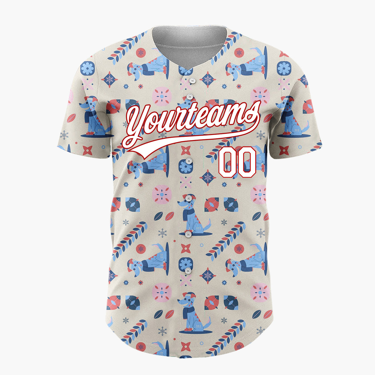 Custom Beige Blue Red Dogs And Geometrics Christmas Folk Pattern Christmas Baseball Jersey