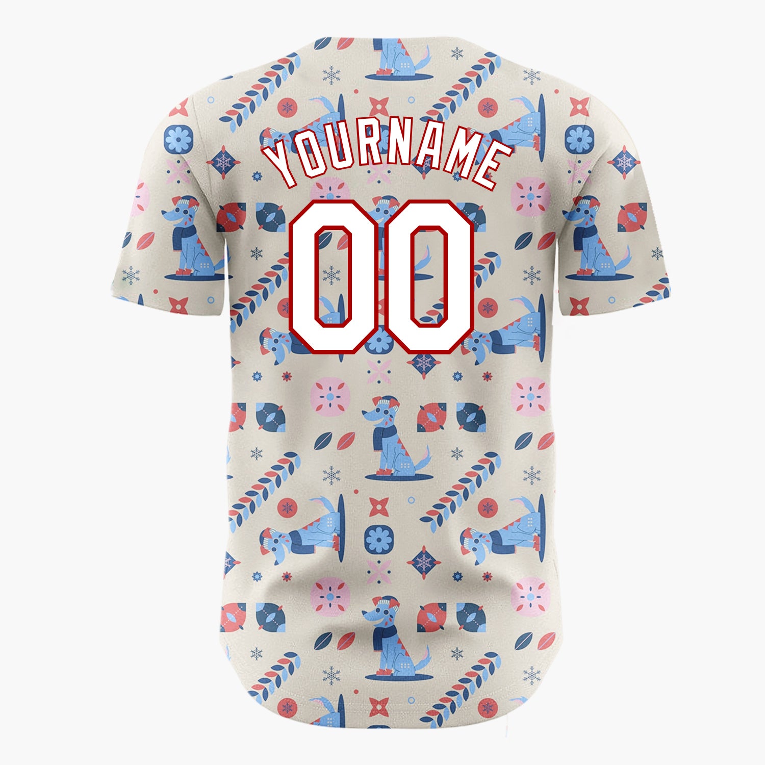 Custom Beige Blue Red Dogs And Geometrics Christmas Folk Pattern Christmas Baseball Jersey