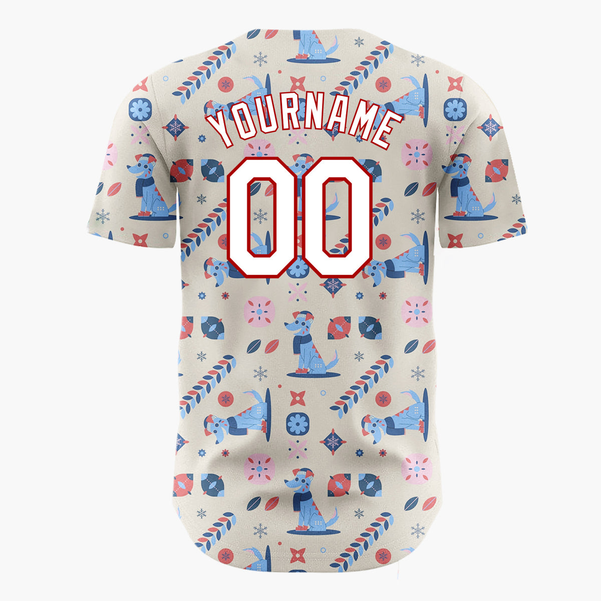 Custom Beige Blue Red Dogs And Geometrics Christmas Folk Pattern Christmas Baseball Jersey