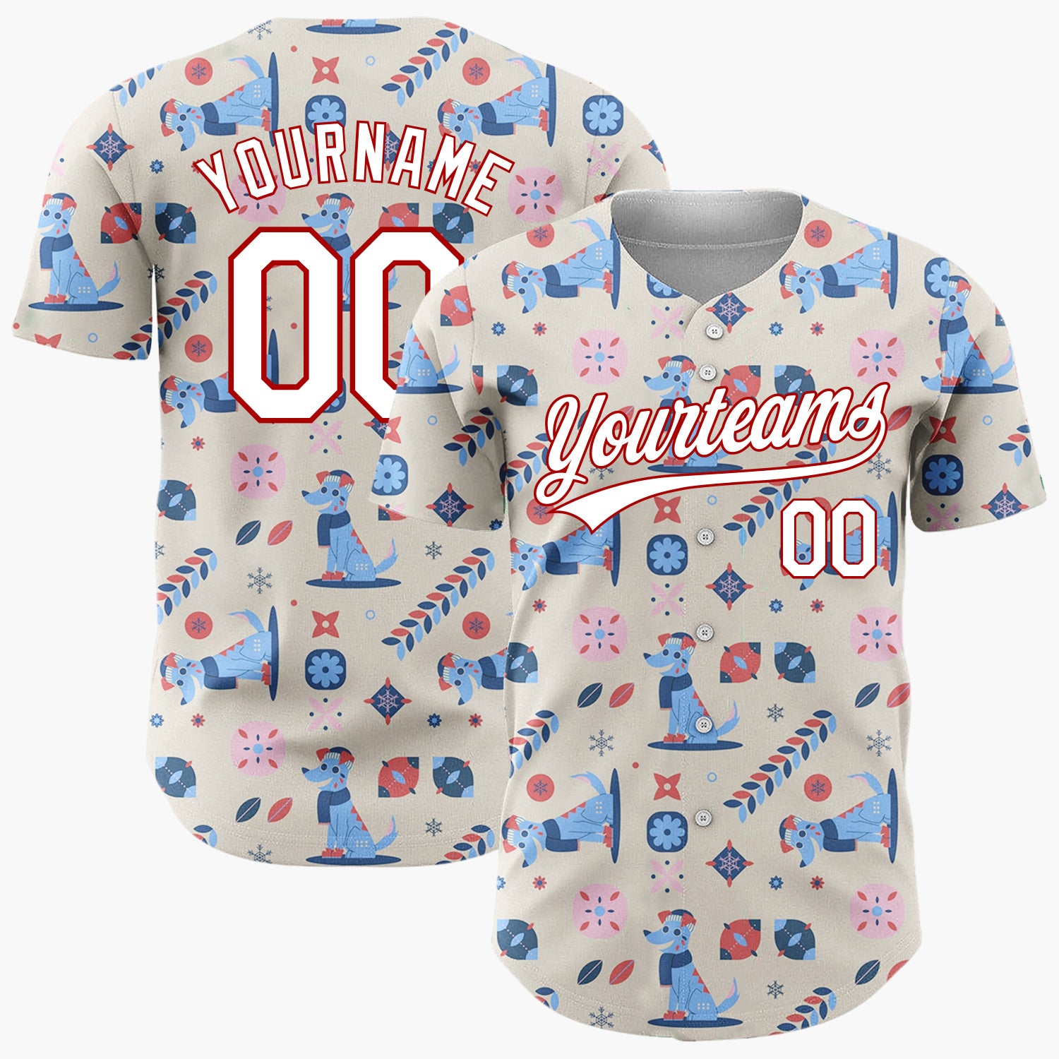 Custom Beige Blue Red Dogs And Geometrics Christmas Folk Pattern Christmas Baseball Jersey
