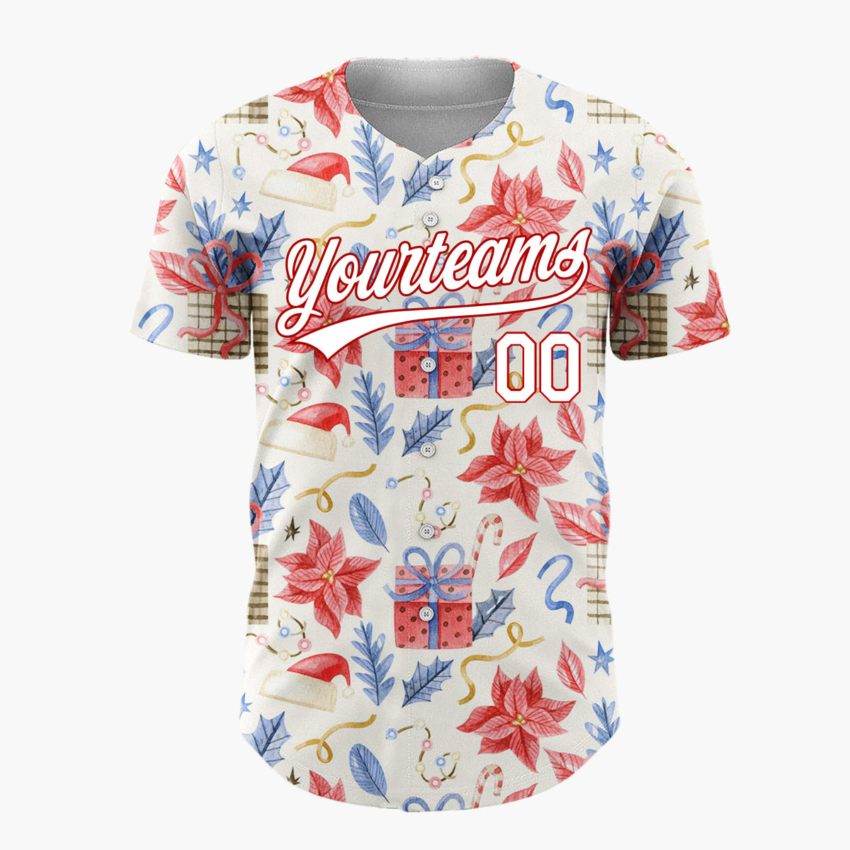 Custom Beige Red Blue Poinsettias Gifts And Hats Christmas Watercolor Pattern Christmas Baseball Jersey