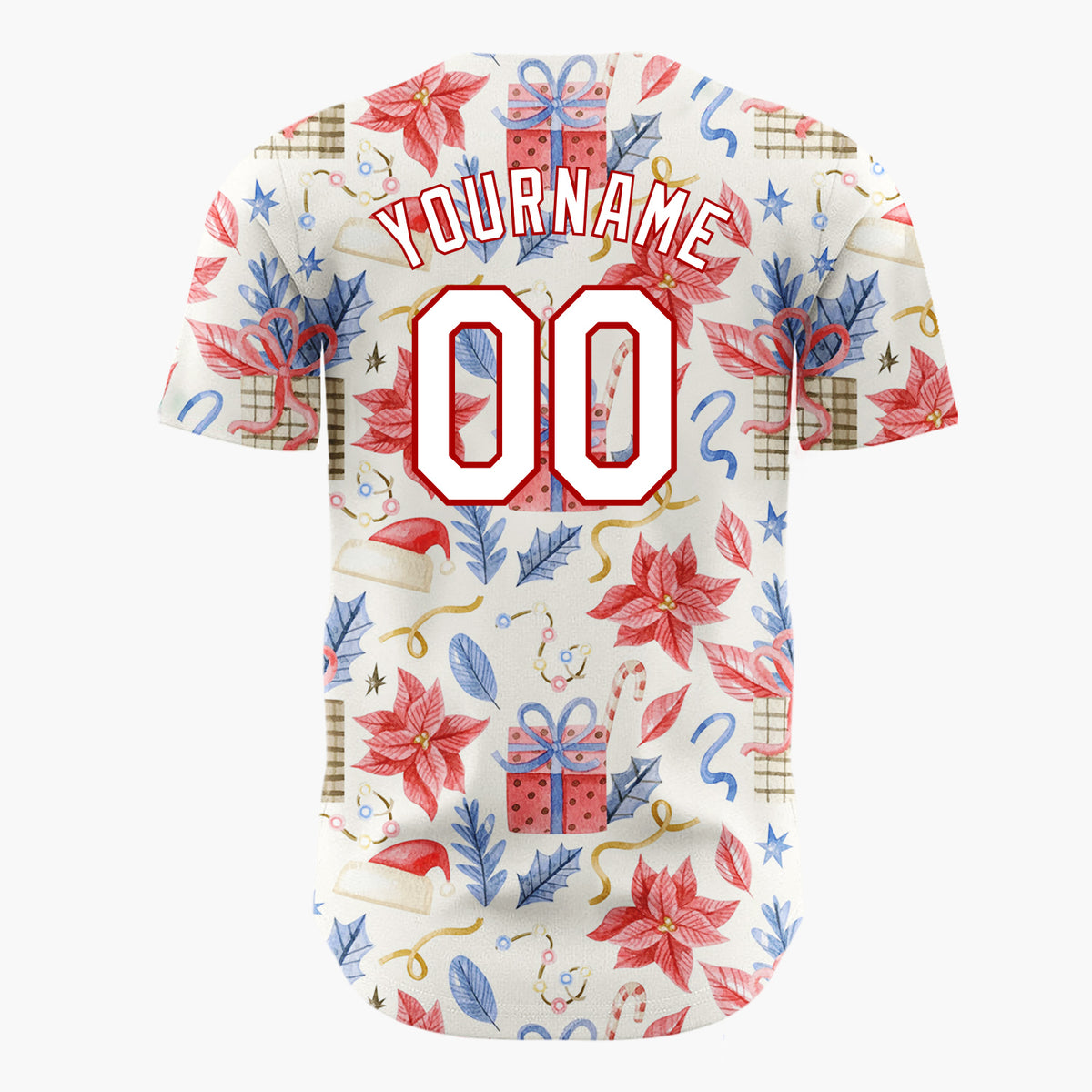 Custom Beige Red Blue Poinsettias Gifts And Hats Christmas Watercolor Pattern Christmas Baseball Jersey