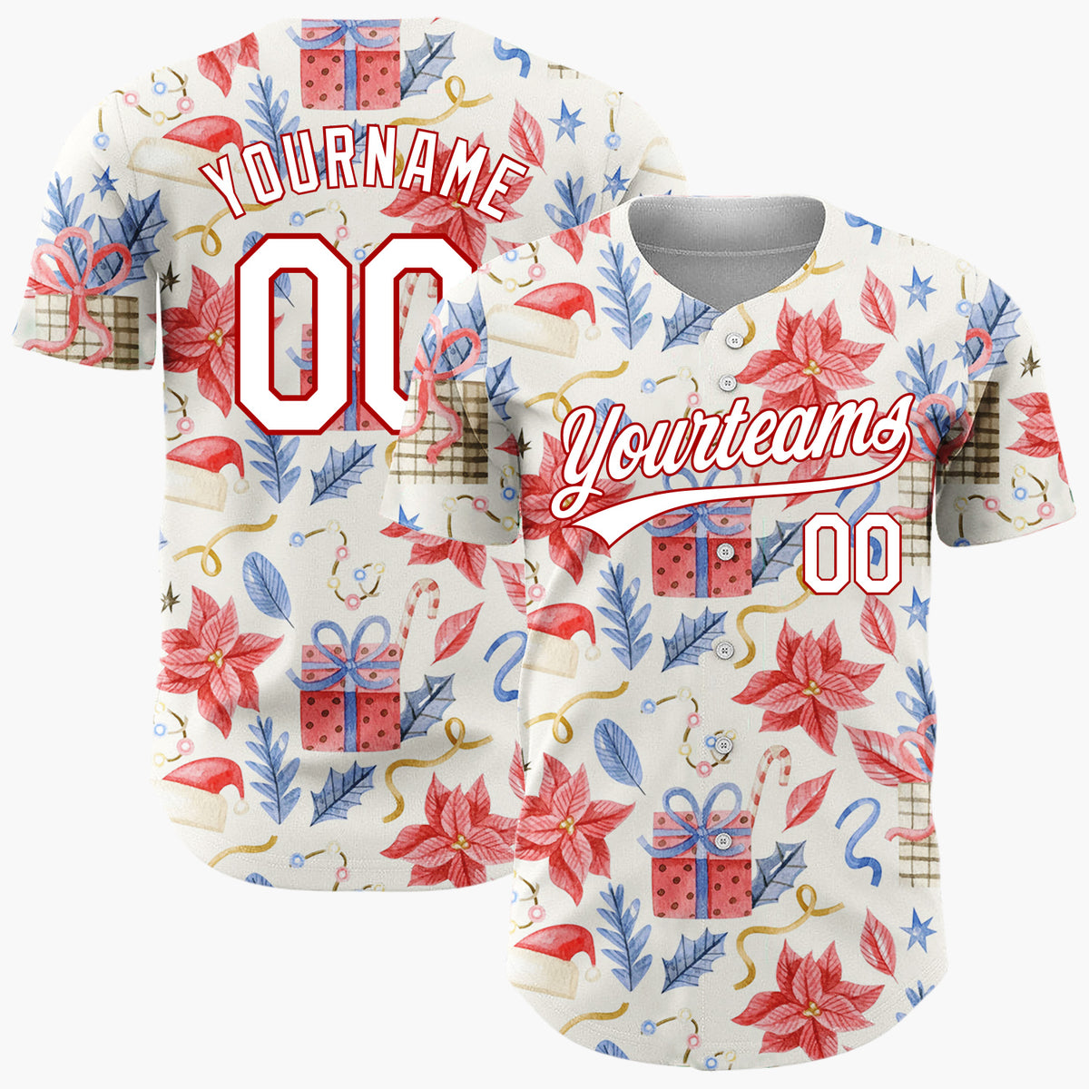 Custom Beige Red Blue Poinsettias Gifts And Hats Christmas Watercolor Pattern Christmas Baseball Jersey
