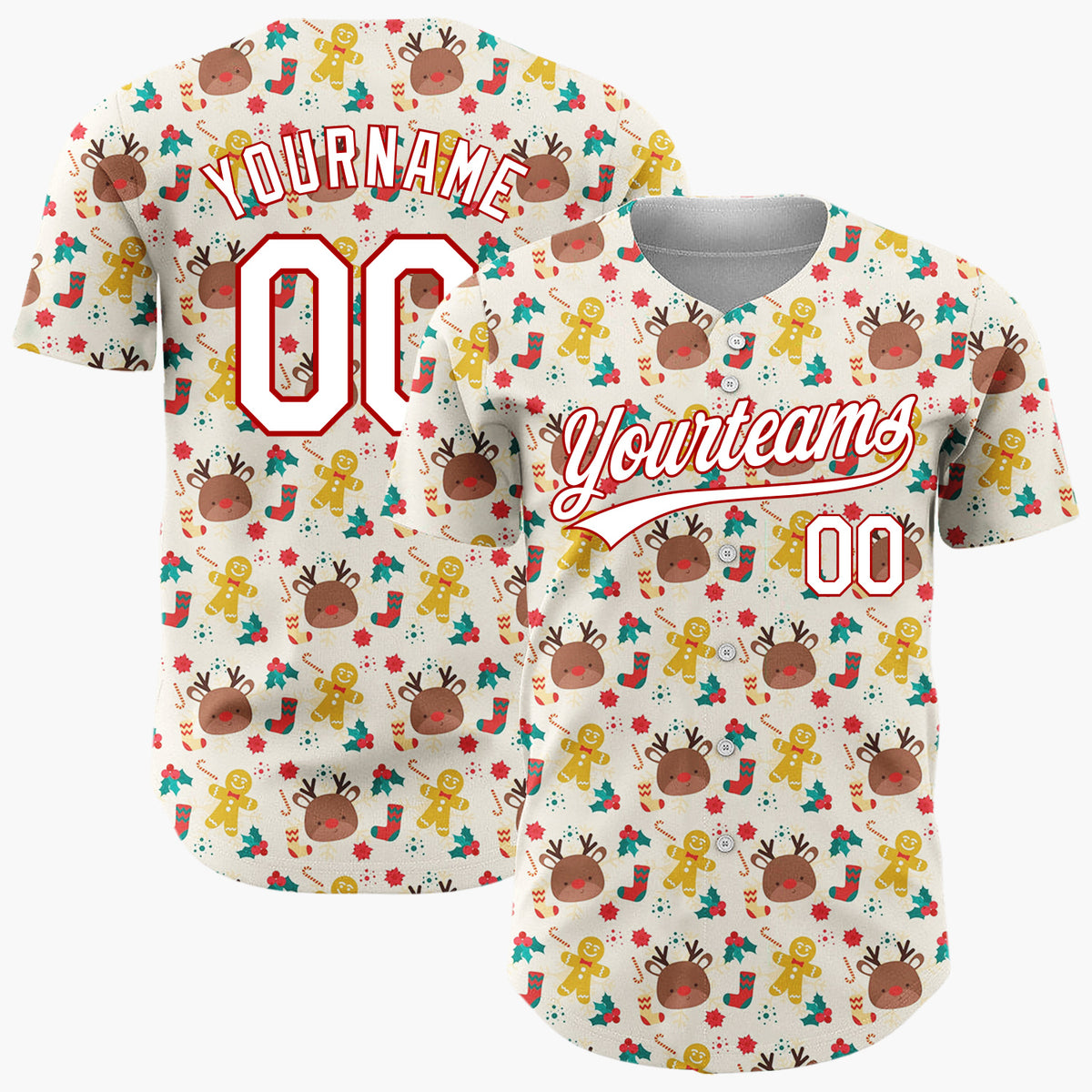 Custom Beige Christmas Doodles Cozy Winter Cartoon Pattern Christmas Baseball Jersey