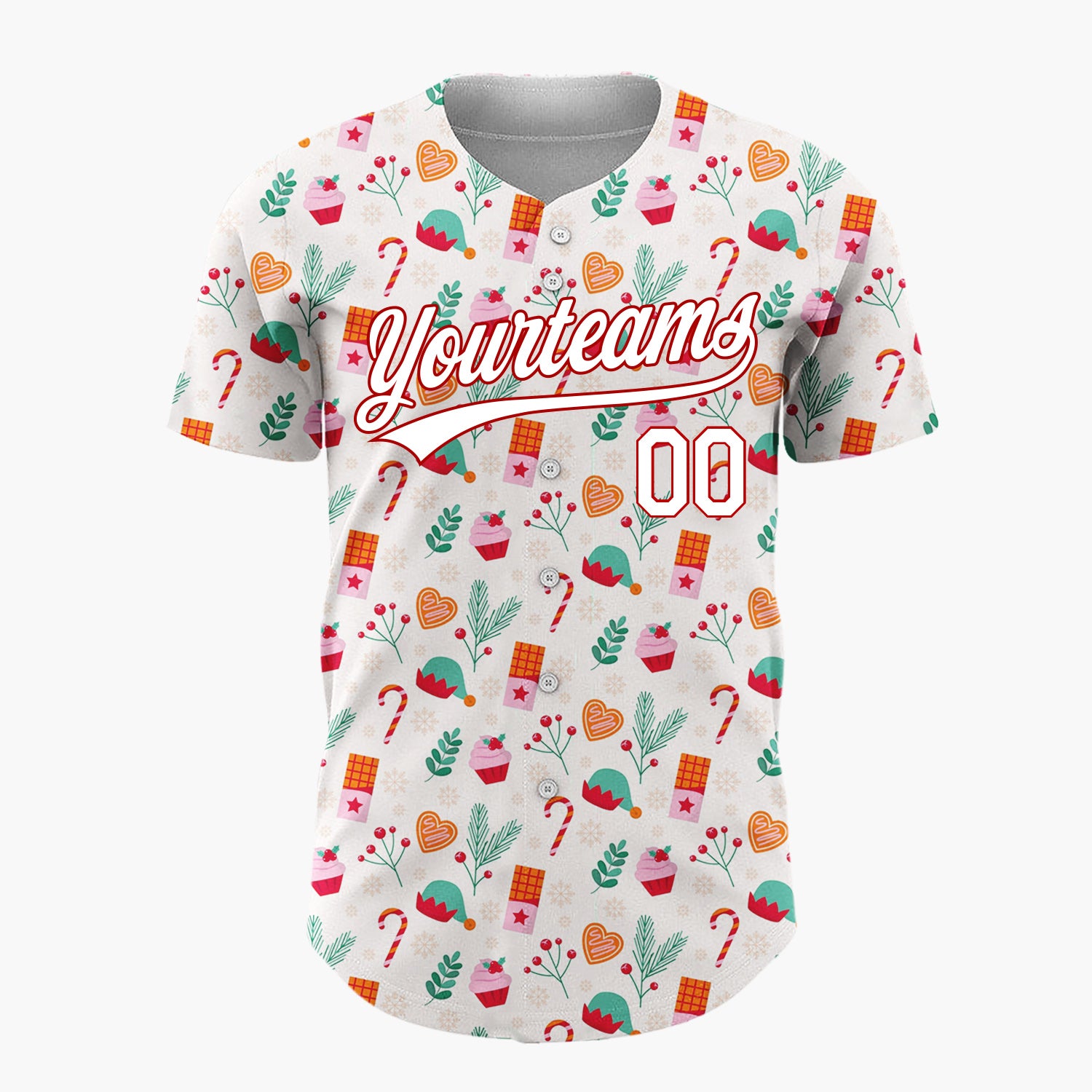 Custom Beige Pink Treats Elves And Candy Christmas Sweet Pattern Christmas Baseball Jersey