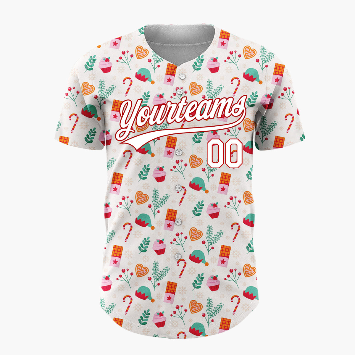 Custom Beige Pink Treats Elves And Candy Christmas Sweet Pattern Christmas Baseball Jersey