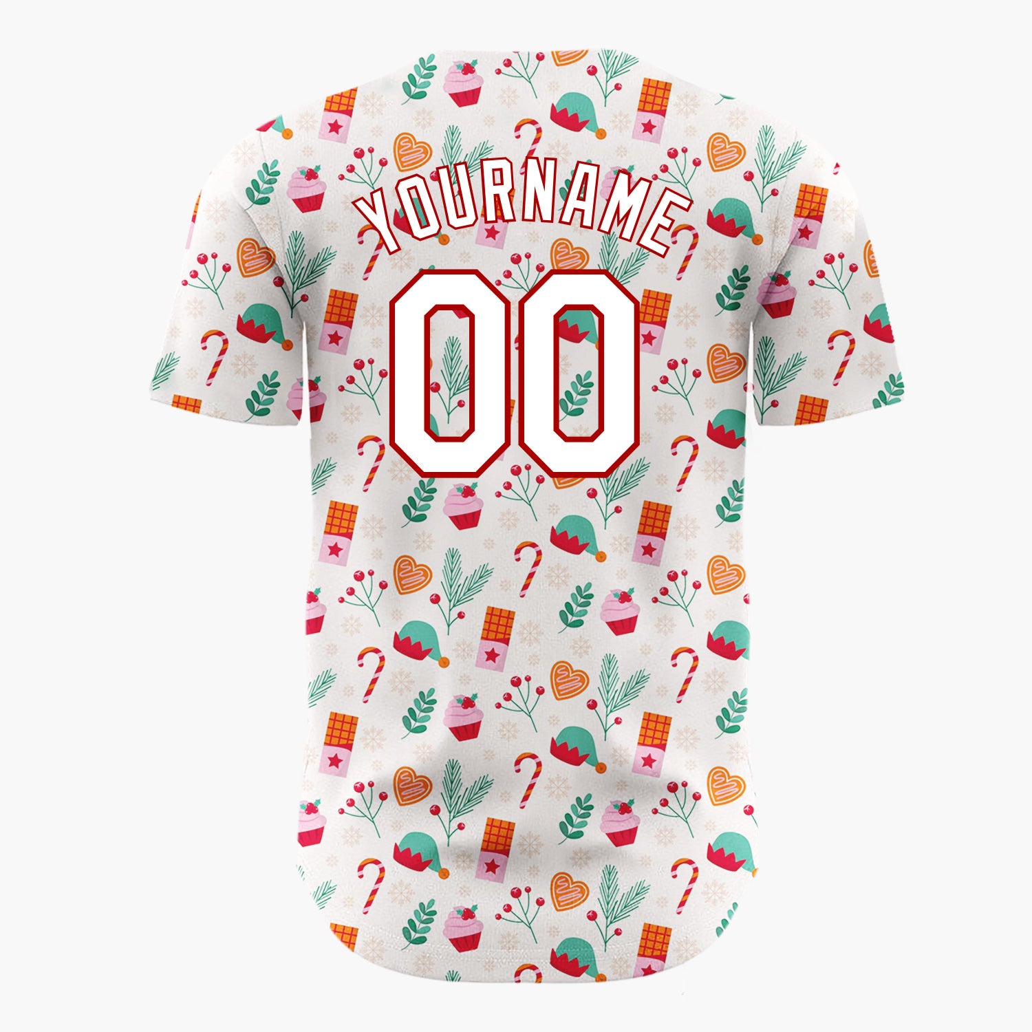 Custom Beige Pink Treats Elves And Candy Christmas Sweet Pattern Christmas Baseball Jersey
