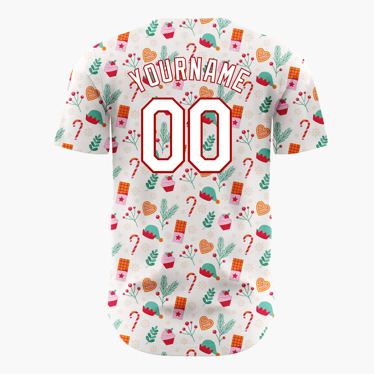 Custom Beige Pink Treats Elves And Candy Christmas Sweet Pattern Christmas Baseball Jersey