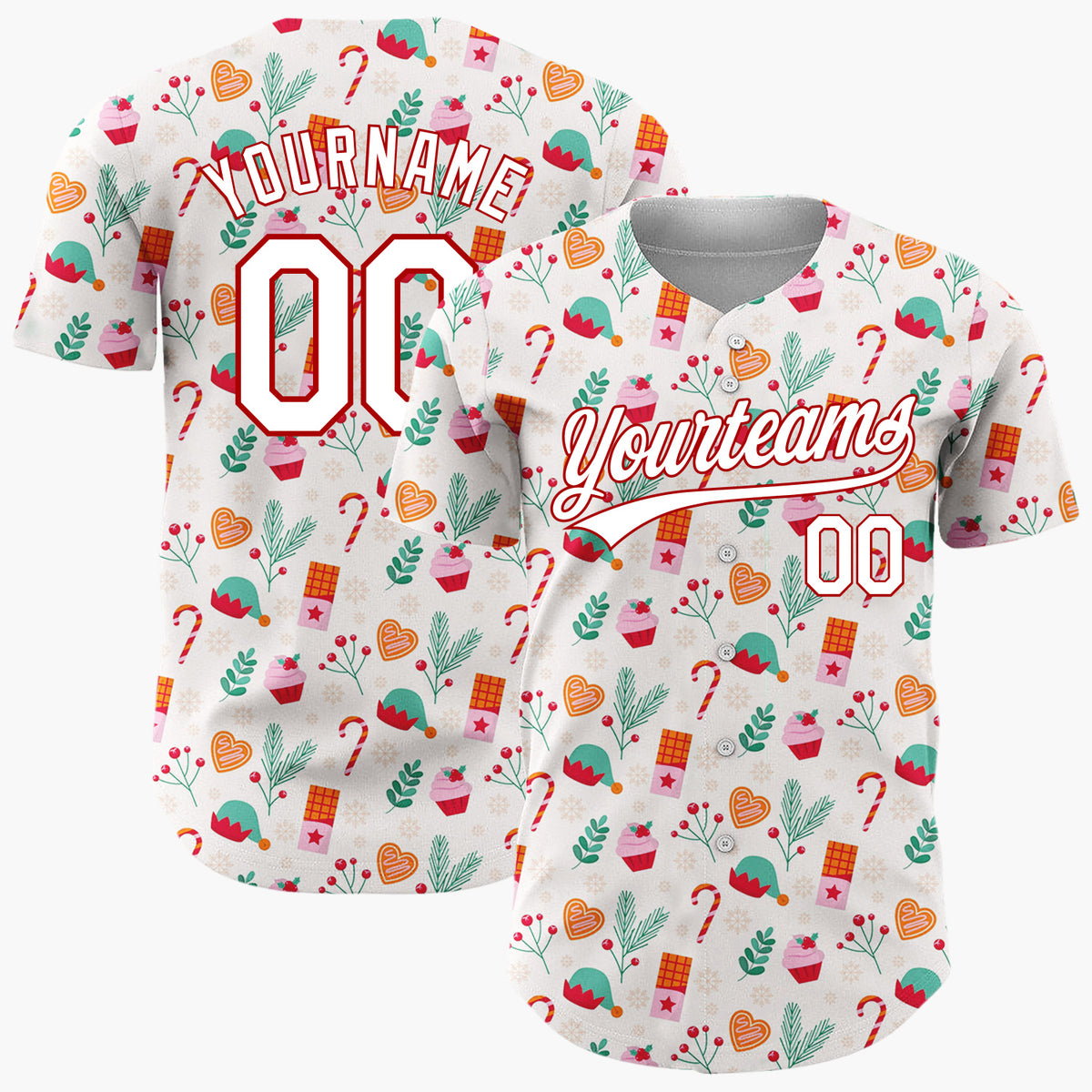 Custom Beige Pink Treats Elves And Candy Christmas Sweet Pattern Christmas Baseball Jersey